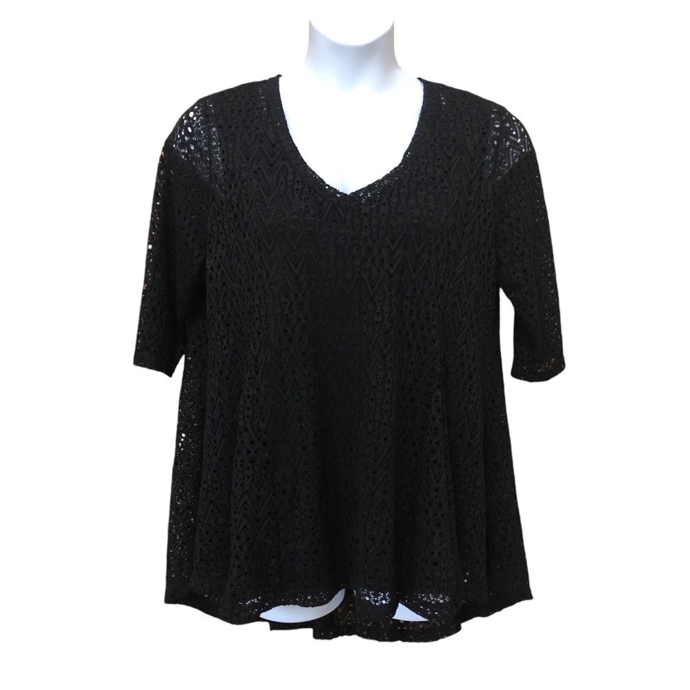 LaVanya Women’s Lace Eyelet Swing Top 1X Black Built-in Tank Top Half Sleeve - Picture 3 of 8